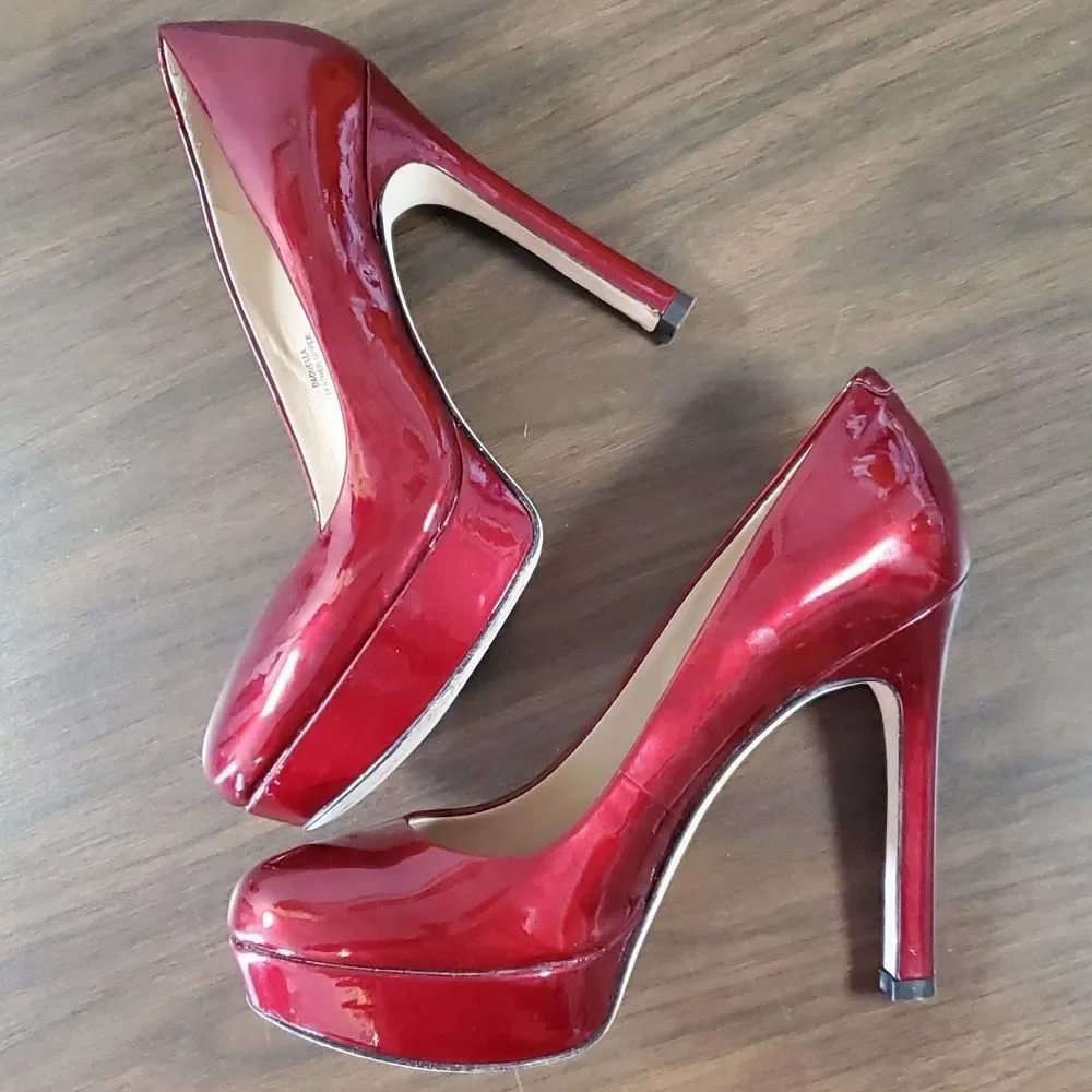 Joan & David Platform Sexy Dress Pump Heels Candy Apple Red Patent Leather Shoes